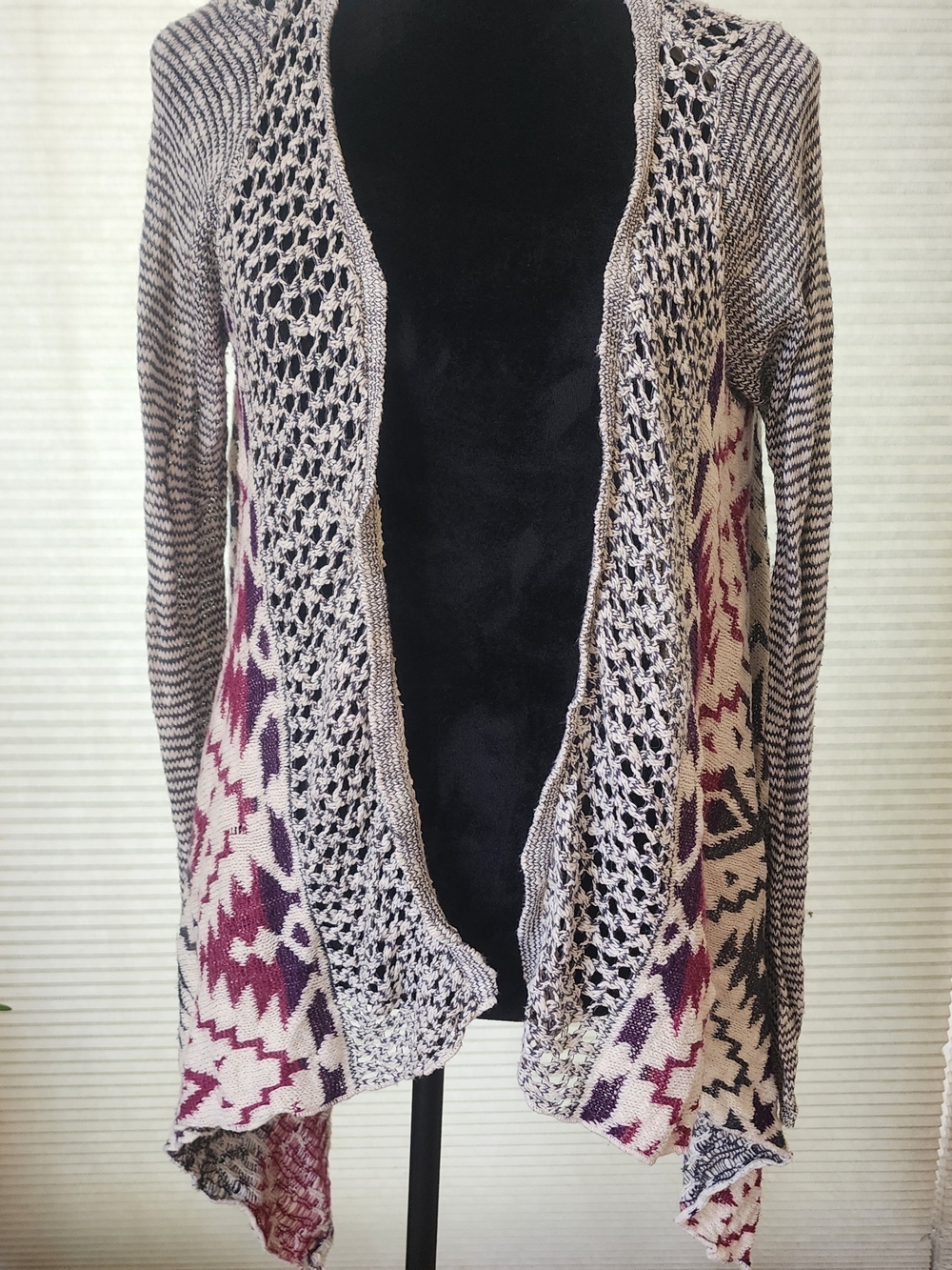 Vanilla Star Open-Front Aztec Cardigan in Cream & Purple